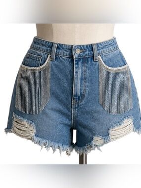 Nature Blue Denim High-Waist Women Medium Shorts Rhinestone Fringe Distressed